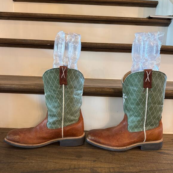 Twisted X Youth Square Toe Cowboy Boots Brown Green Leather Cross YBK0005 4.5M - Picture 3 of 8